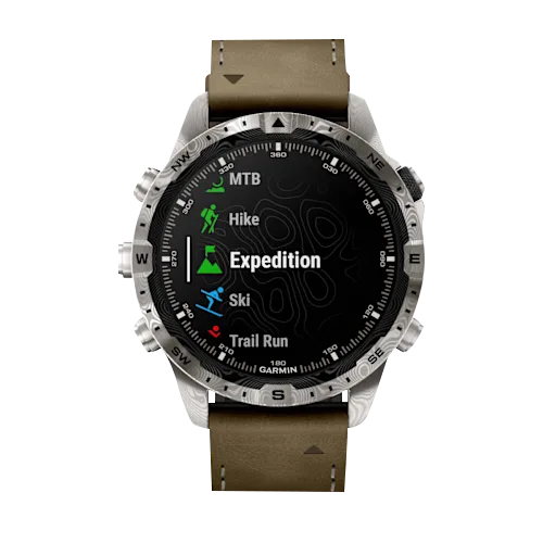 Garmin MARQ Adventurer Gen 2 Damascus Steel Edition Modern Tool Watch with tan leather strap