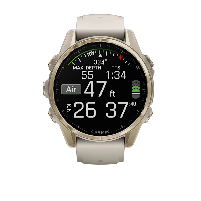 Garmin Fenix 8 smartwatch, 43mm AMOLED Sapphire, Soft Gold with Fog Gray/Dark Sandstone silicone band