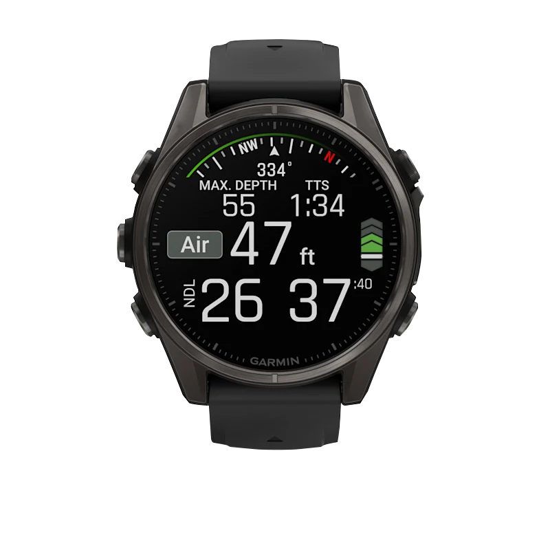 Garmin Fenix 8 smartwatch, 43mm AMOLED display, Sapphire Carbon Gray DLC Titanium with black/Pebble Gray silicone band
