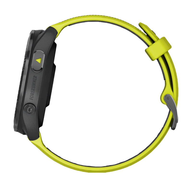 Garmin Forerunner 965 smartwatch with carbon gray DLC titanium bezel and amp yellow/black silicone band