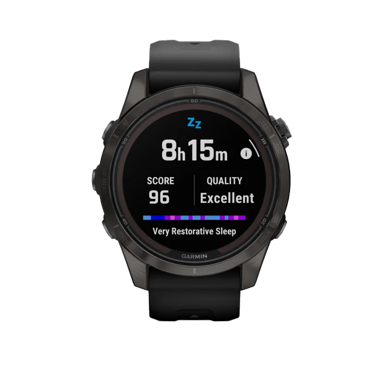 Garmin Fenix 7S Pro Sapphire Solar smartwatch, Carbon Titanium case with black band, certified refurbished