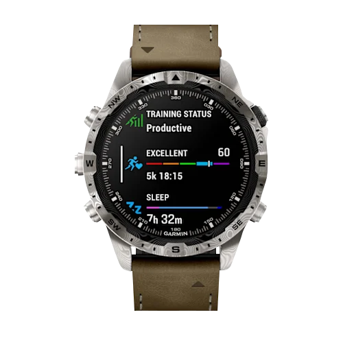 Garmin MARQ Adventurer (Gen 2) Damascus Steel Edition smartwatch with brown leather strap