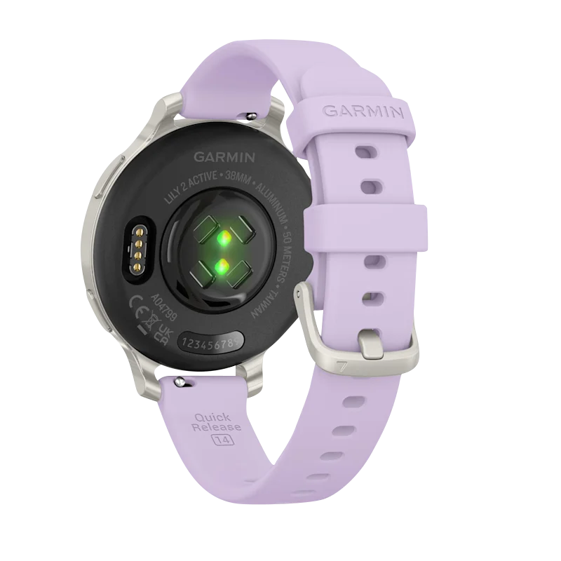 Garmin Lily 2 Active smartwatch, silver case with purple jasmine silicone band, certified refurbished