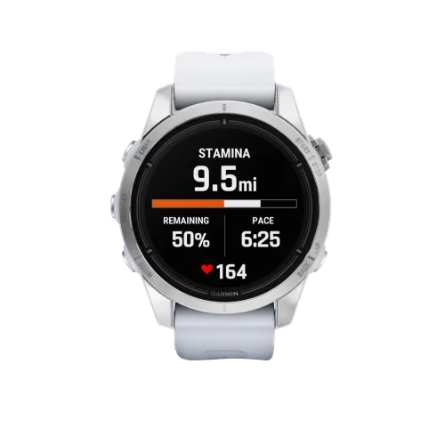 Garmin Epix Pro Gen 2 42 mm silver case with Whitestone band smartwatch showing stamina 9.5 mi and heart rate 164