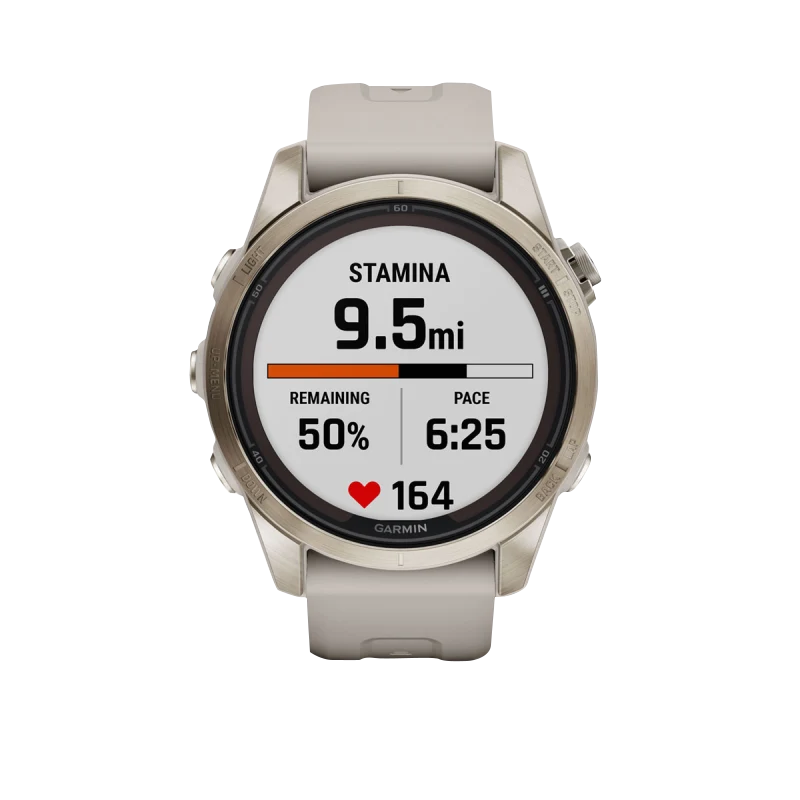 Garmin Fenix 7S Pro Sapphire Solar smartwatch, soft gold case, light sand band, refurbished