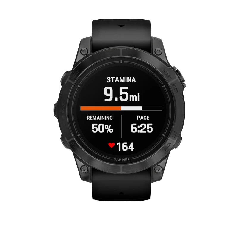 Garmin Epix Pro (Gen 2) 47mm slate gray smartwatch with black band displaying stamina, remaining, pace and heart rate.