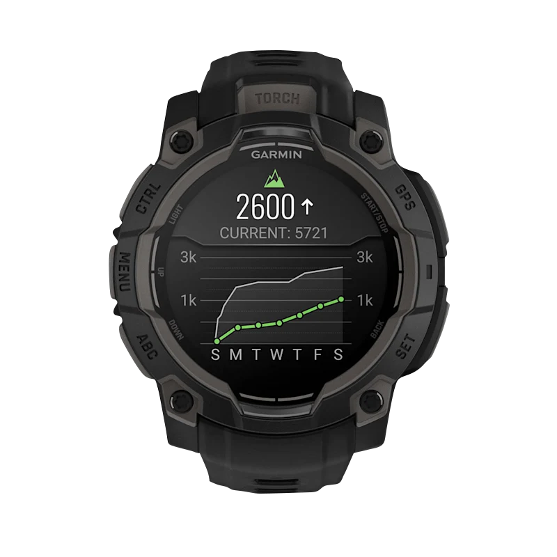 Garmin Instinct 3 AMOLED smartwatch, 45mm, black bezel with black band.