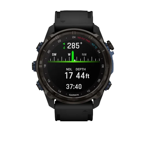 Garmin Descent Mk3i dive computer with 51 mm carbon gray DLC titanium case and black silicone band
