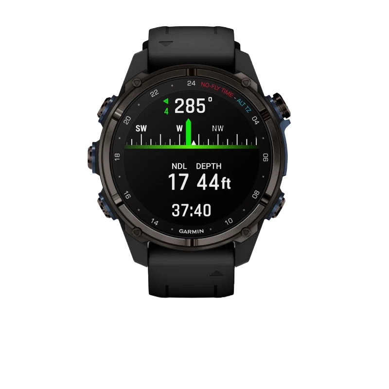 Garmin Descent Mk3i dive computer watch, 43 mm carbon-gray DLC titanium case with black silicone band.