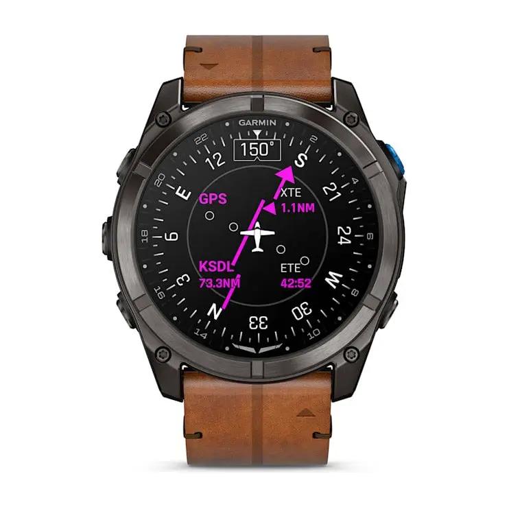 Garmin D2 Mach 2 Pro Carbon Gray DLC Titanium smart watch with chestnut leather band