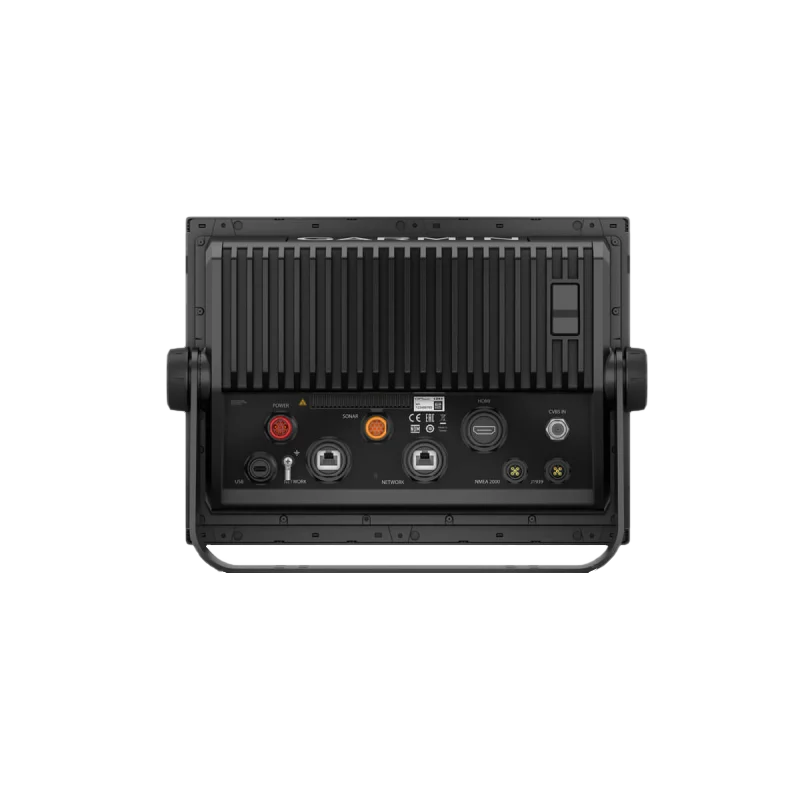 Garmin GPSMAP 1223xsv marine chartplotter back panel with connectors and stand