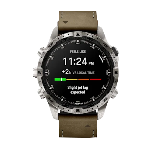 Garmin MARQ Adventurer (Gen 2) Damascus Steel Edition smart watch with brown leather strap