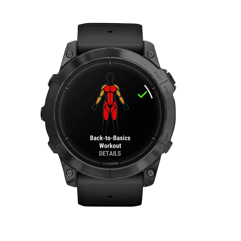 Garmin Epix Pro (Gen 2) 51 mm smartwatch with slate-gray case and black band; workout screen shown