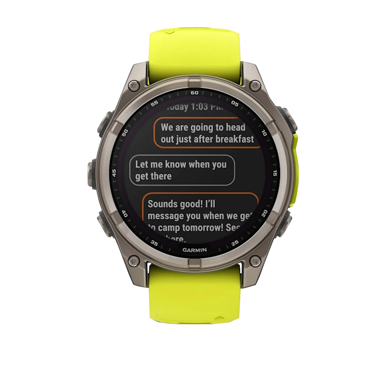 Garmin Fenix 8 smartwatch, 51mm Solar Sapphire titanium case with neon yellow silicone band