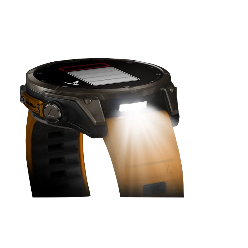 Garmin Fenix 8 smartwatch with titanium case, 51 mm AMOLED Sapphire display and Spark Orange/Graphite silicone band.