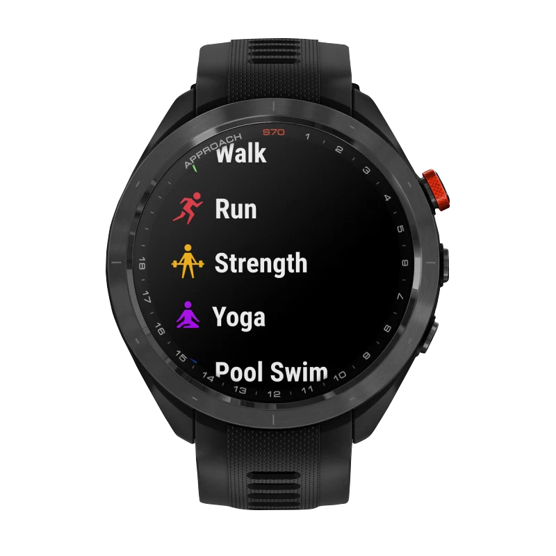 Garmin Approach S70 smartwatch, 47 mm, black ceramic bezel with red crown, black silicone band