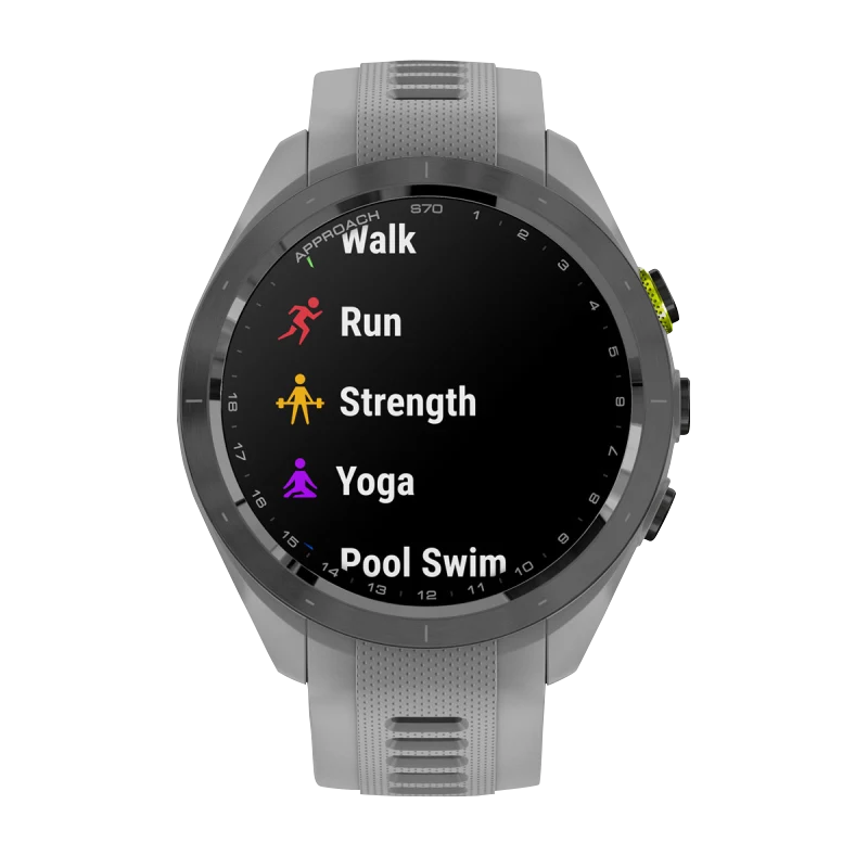 Garmin Approach S70 smartwatch, 42 mm, black/amp yellow ceramic bezel with powder gray silicone band.