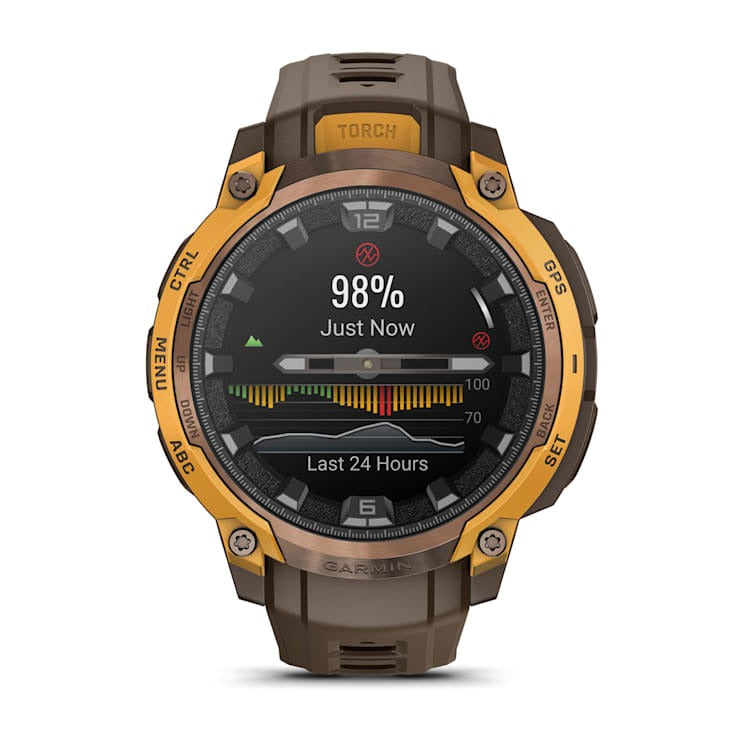 Garmin Instinct Crossover AMOLED watch with brown strap and gold-tone bezel