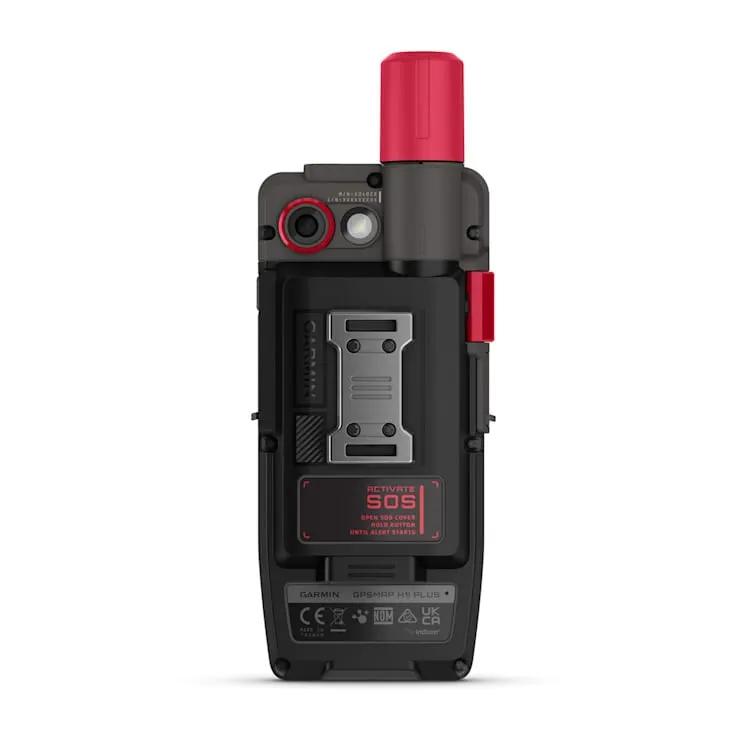 Garmin GPSMAP H1i Plus handheld GPS with inReach Plus; rugged black body with red SOS button