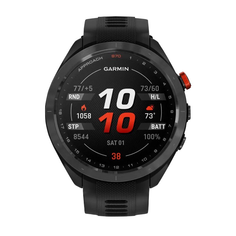 Garmin Approach S70 smartwatch, 47 mm, black ceramic bezel with red crown and black silicone band