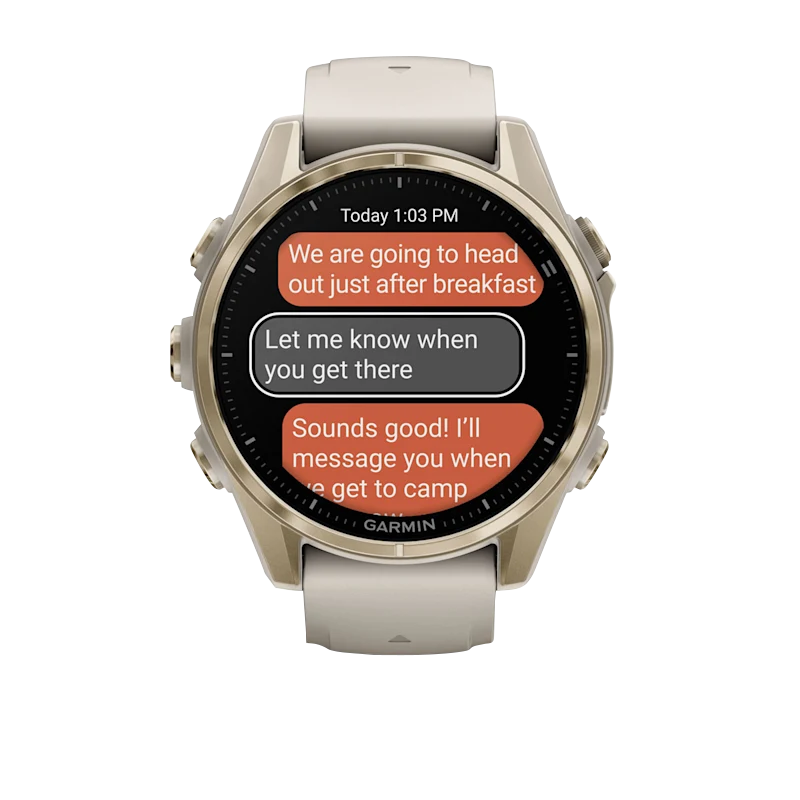 Garmin Fenix 8 smartwatch, 43 mm AMOLED Sapphire, Soft Gold case with Fog Gray/Dark Sandstone silicone band