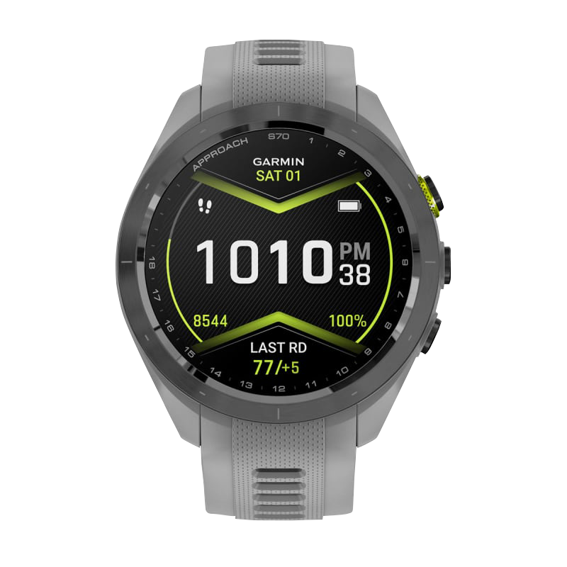 Garmin Approach S70 smartwatch, 42 mm with black/amp yellow ceramic bezel and powder gray silicone band.