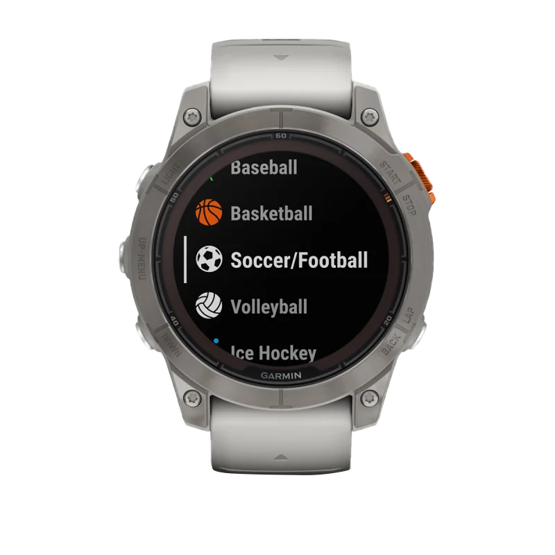 Garmin Fēnix 7 Pro Sapphire Solar smartwatch with titanium case and fog gray/ember orange band