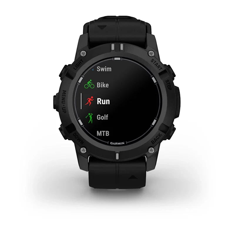 Garmin Descent G2 Dive Smartwatch, black with black band, round display showing Swim, Bike, Run, Golf, MTB
