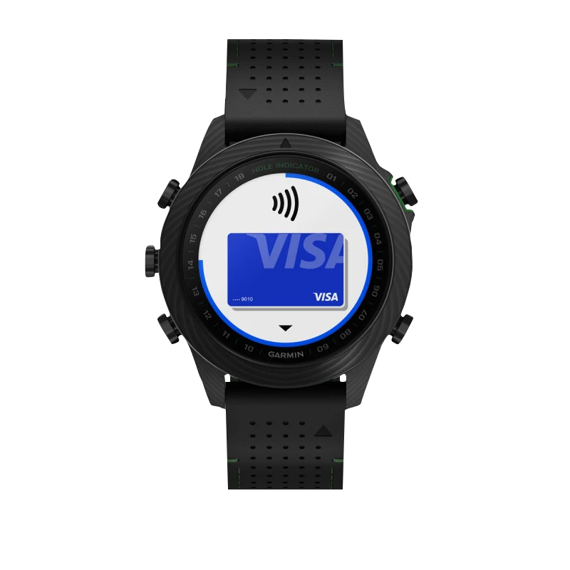Garmin MARQ Golfer Gen 2 Carbon Edition smart watch with black perforated strap and Visa card on screen