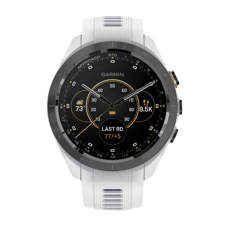Garmin Approach S70 smartwatch, 42 mm white silicone band with black/peach ceramic bezel.