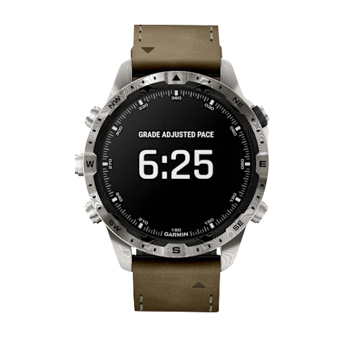 Garmin MARQ Adventurer Gen 2 Damascus Steel Edition watch with brown leather strap