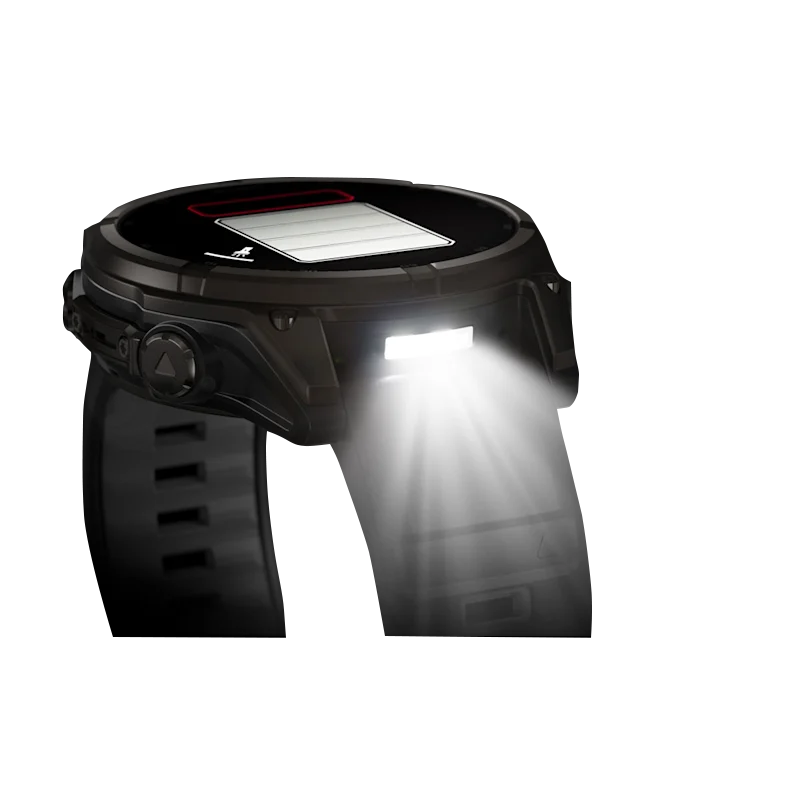 Garmin Fenix 8 smartwatch, 47 mm carbon gray DLC titanium case with black/pebble gray silicone band, side LED light