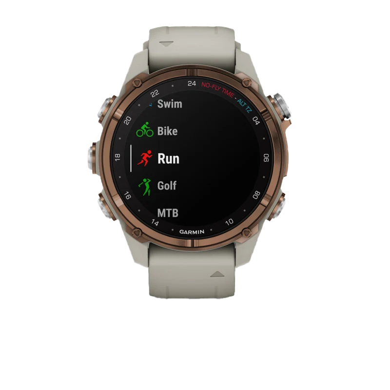 Garmin Descent Mk3i dive watch, bronze PVD titanium case with French Gray silicone band; round display with sport icons