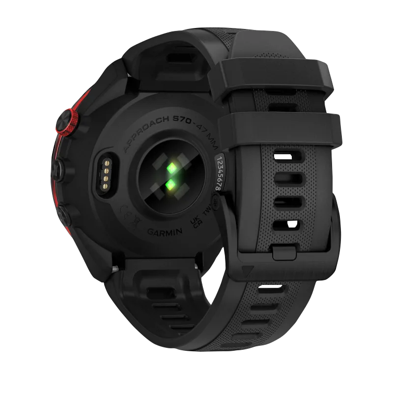 Garmin Approach S70 smartwatch, 47 mm black ceramic bezel with red accents and black silicone band.
