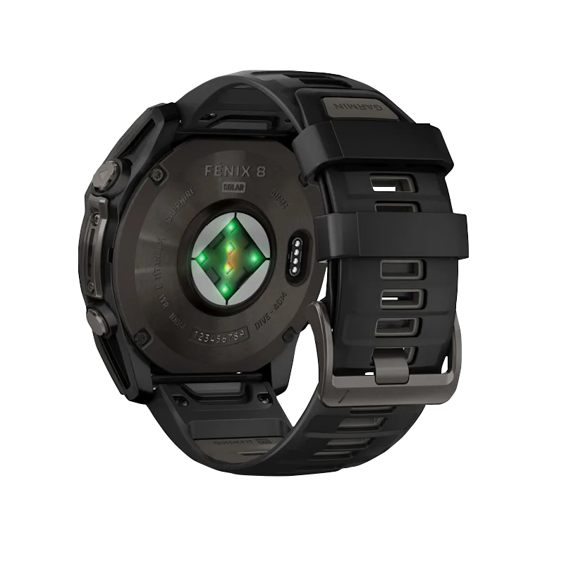 Garmin Fenix 8 smartwatch, refurbished, 51 mm Solar Sapphire, carbon gray DLC titanium with pebble gray silicone band