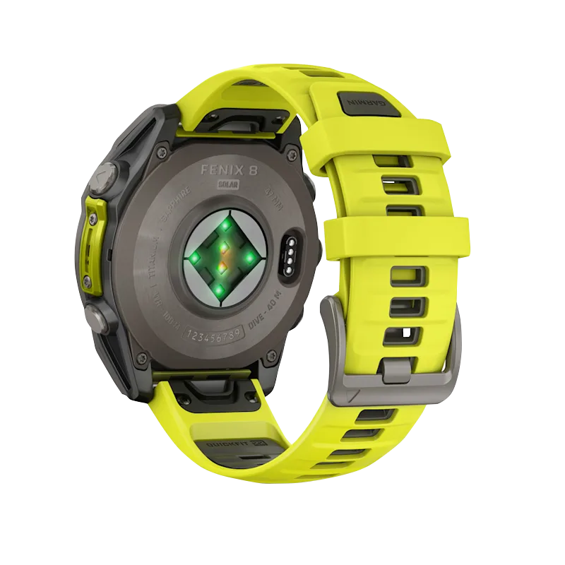Garmin Fenix 8 smartwatch, 47 mm Solar Sapphire Titanium case with bright Amp Yellow silicone band