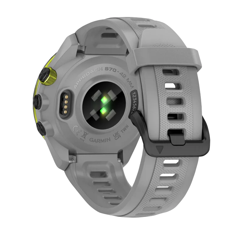 Garmin Approach S70 smartwatch, 42 mm, black/yellow ceramic bezel with powder gray silicone band by Garmin