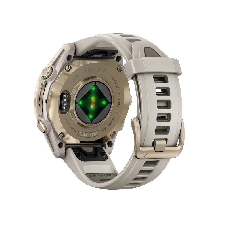 Garmin Fenix 8 watch, 43 mm AMOLED Sapphire, soft gold case with fog gray/dark sandstone silicone band