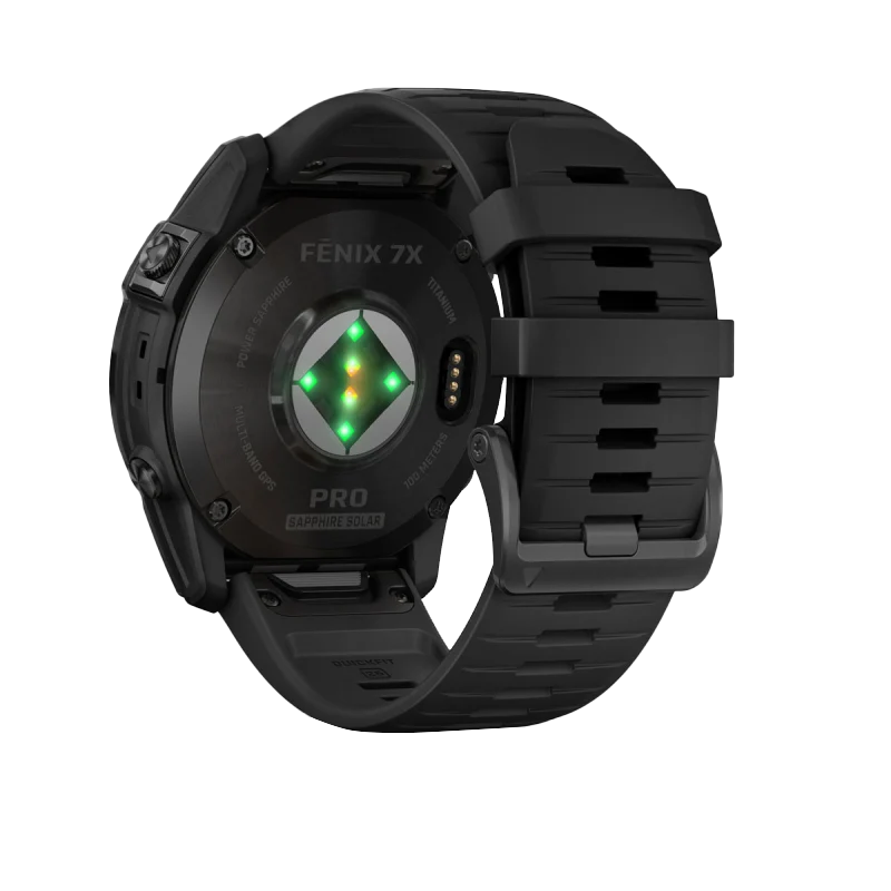 Garmin Fenix 7X Pro Sapphire Solar smart watch, carbon gray titanium case with black band.
