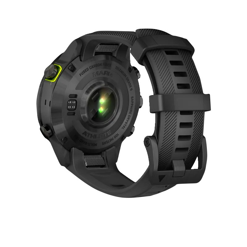 Garmin MARQ Athlete Gen 2 Carbon Edition smartwatch back view with black silicone strap