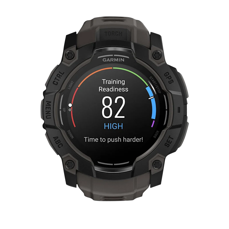 Garmin Instinct 3 AMOLED smartwatch, 50mm black case with charcoal band, rugged GPS fitness watch