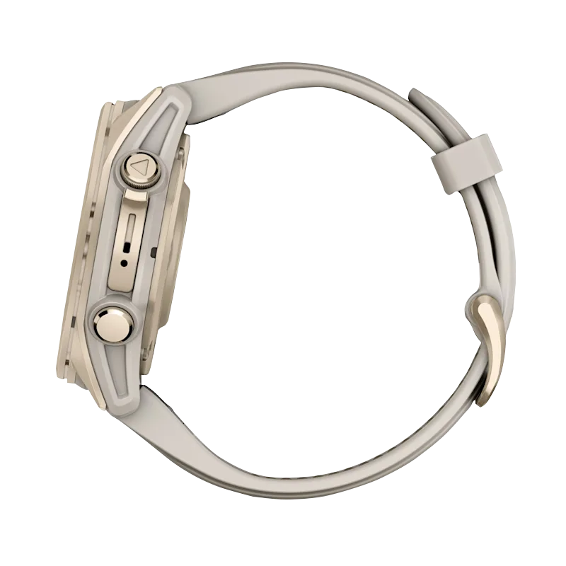 Garmin Fenix 8 smartwatch, 43 mm AMOLED Sapphire, Soft Gold with Fog Gray/Dark Sandstone silicone band