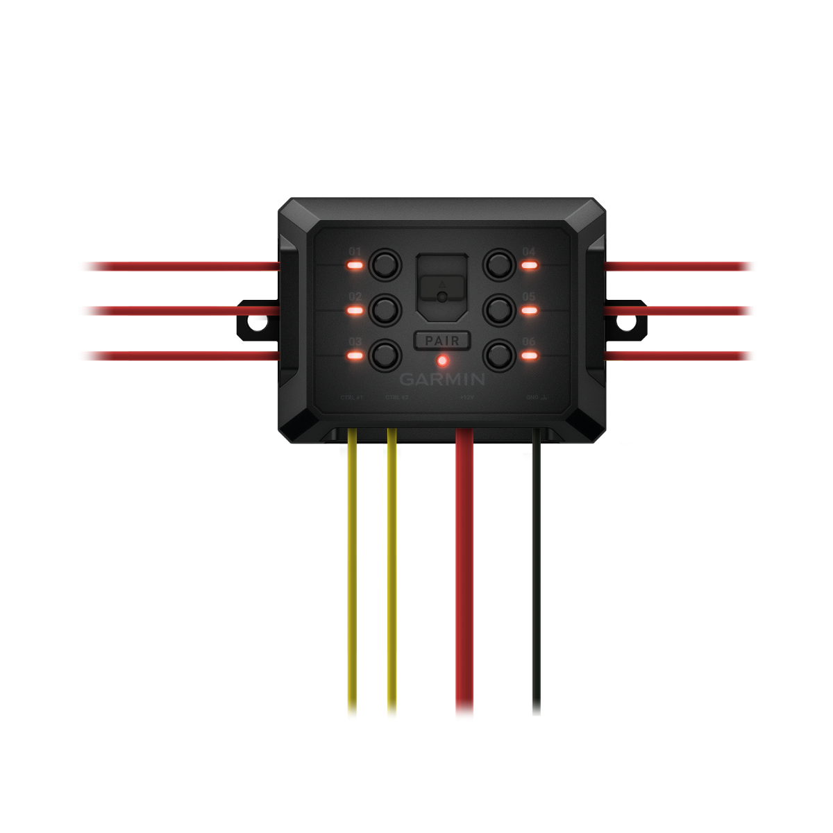 Garmin PowerSwitch 010-02466-00 six-channel power hub with LED indicators and black housing.