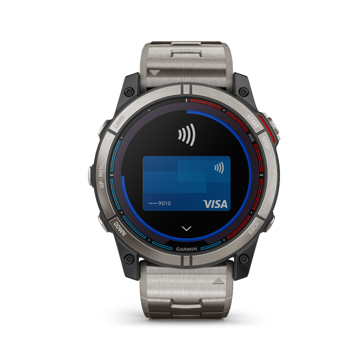 Garmin Quatix 7x Solar Edition GPS smartwatch with stainless steel band and Visa card on display