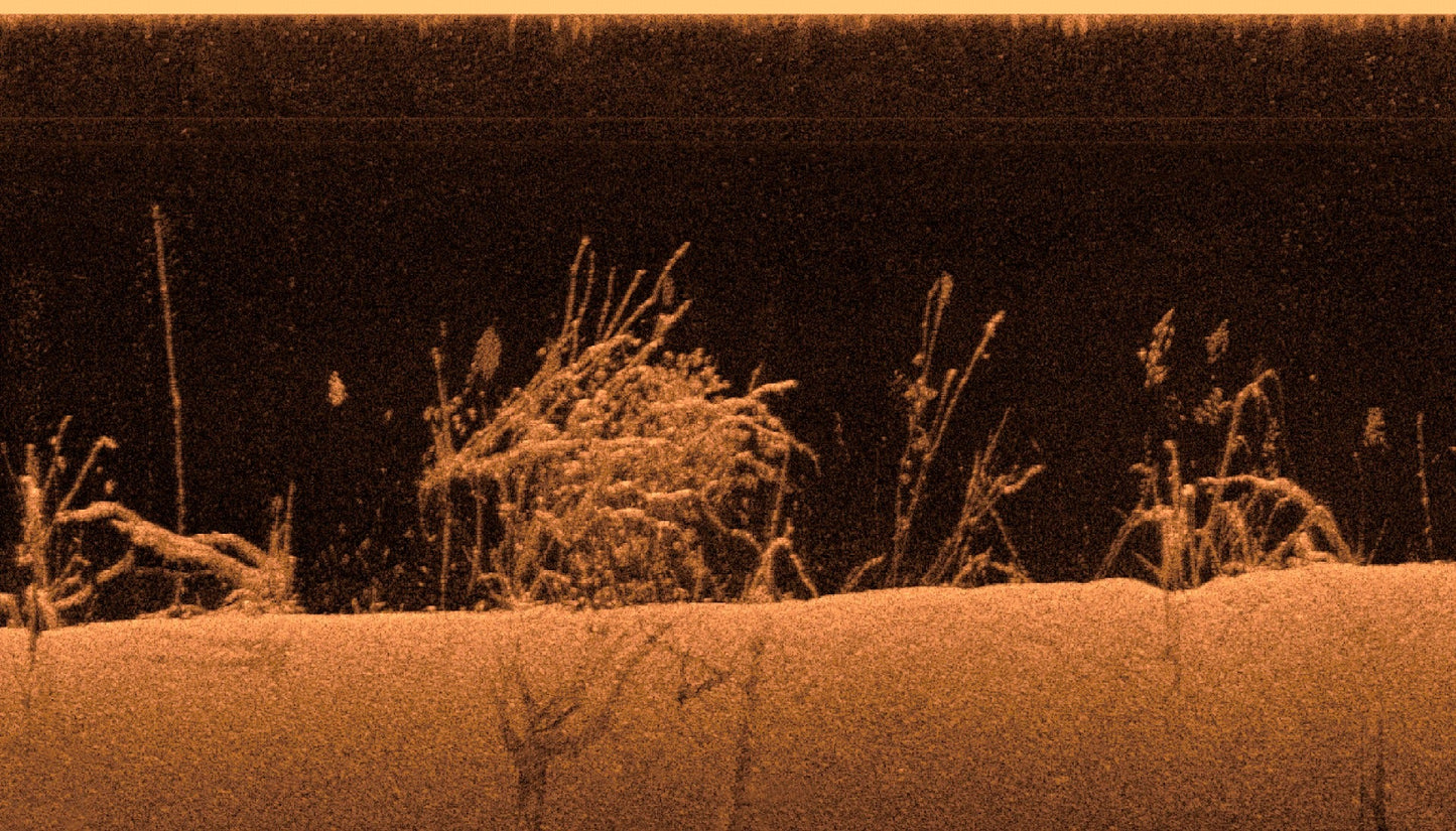 Garmin Ultra HD Scanning Sonar System display showing orange underwater vegetation and seabed