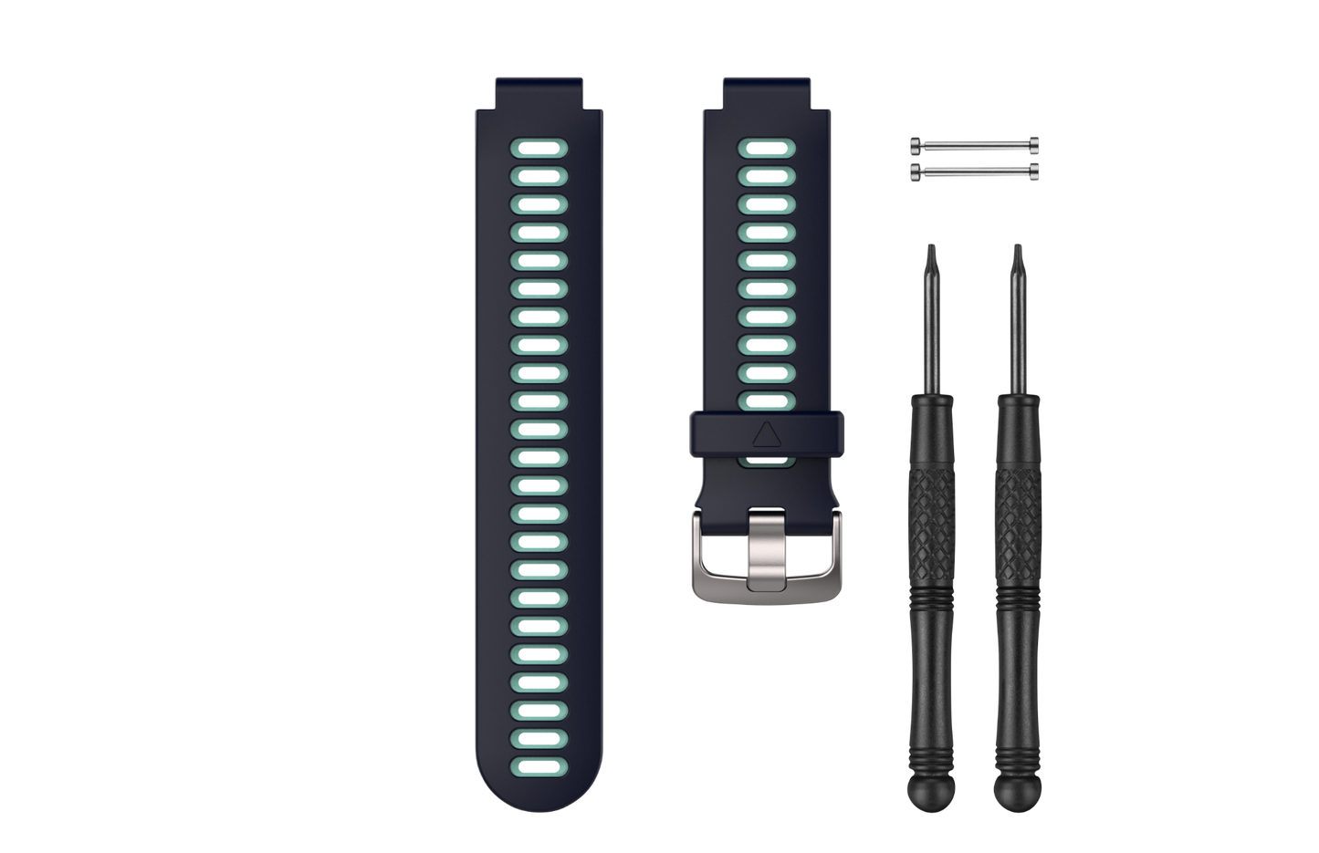 Garmin watch band kit in midnight blue and frost blue with two straps, screws, and tool