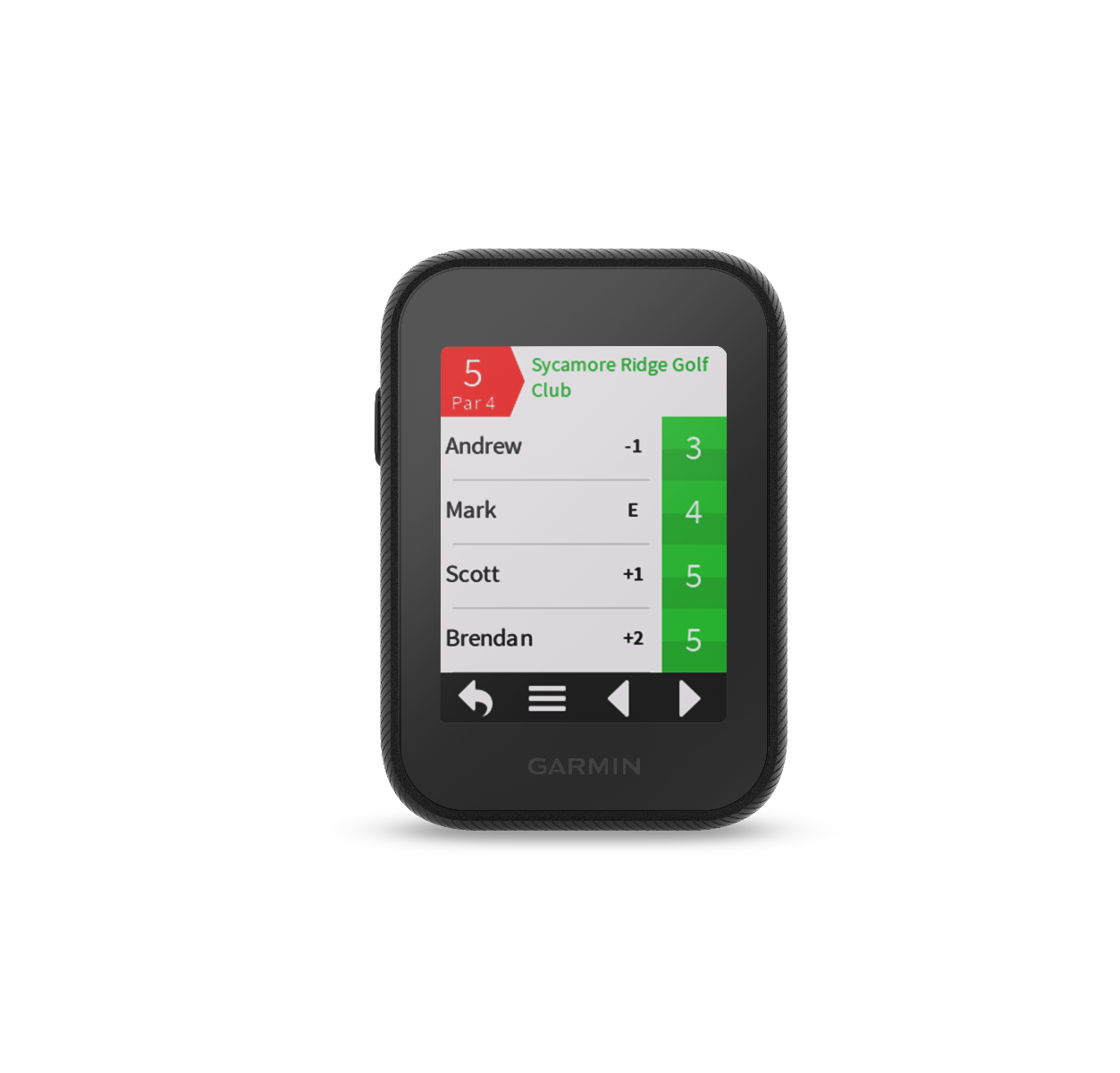 Garmin Approach G30 golf GPS device, black handheld with color scorecard display.