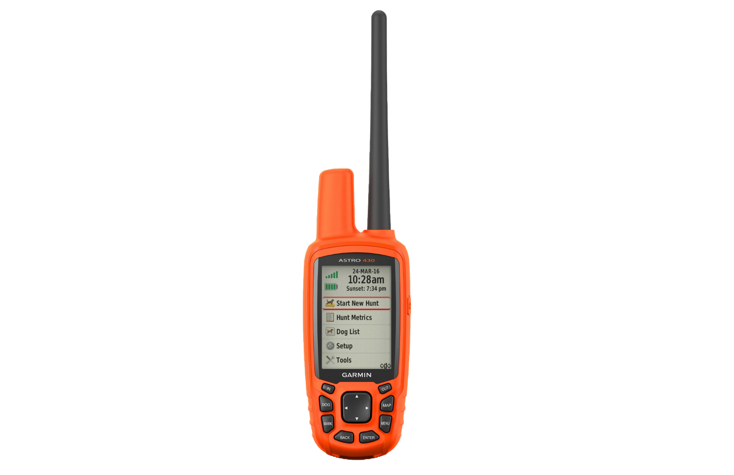 Garmin Astro 430 handheld with orange housing and tall black antenna, T5 Mini dog collar tracking bundle.