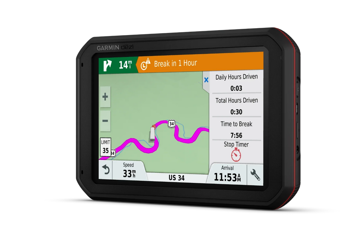 Garmin dezlCam 785LMT-S trucking GPS navigator with 7-inch screen in rugged black case, map view with purple route