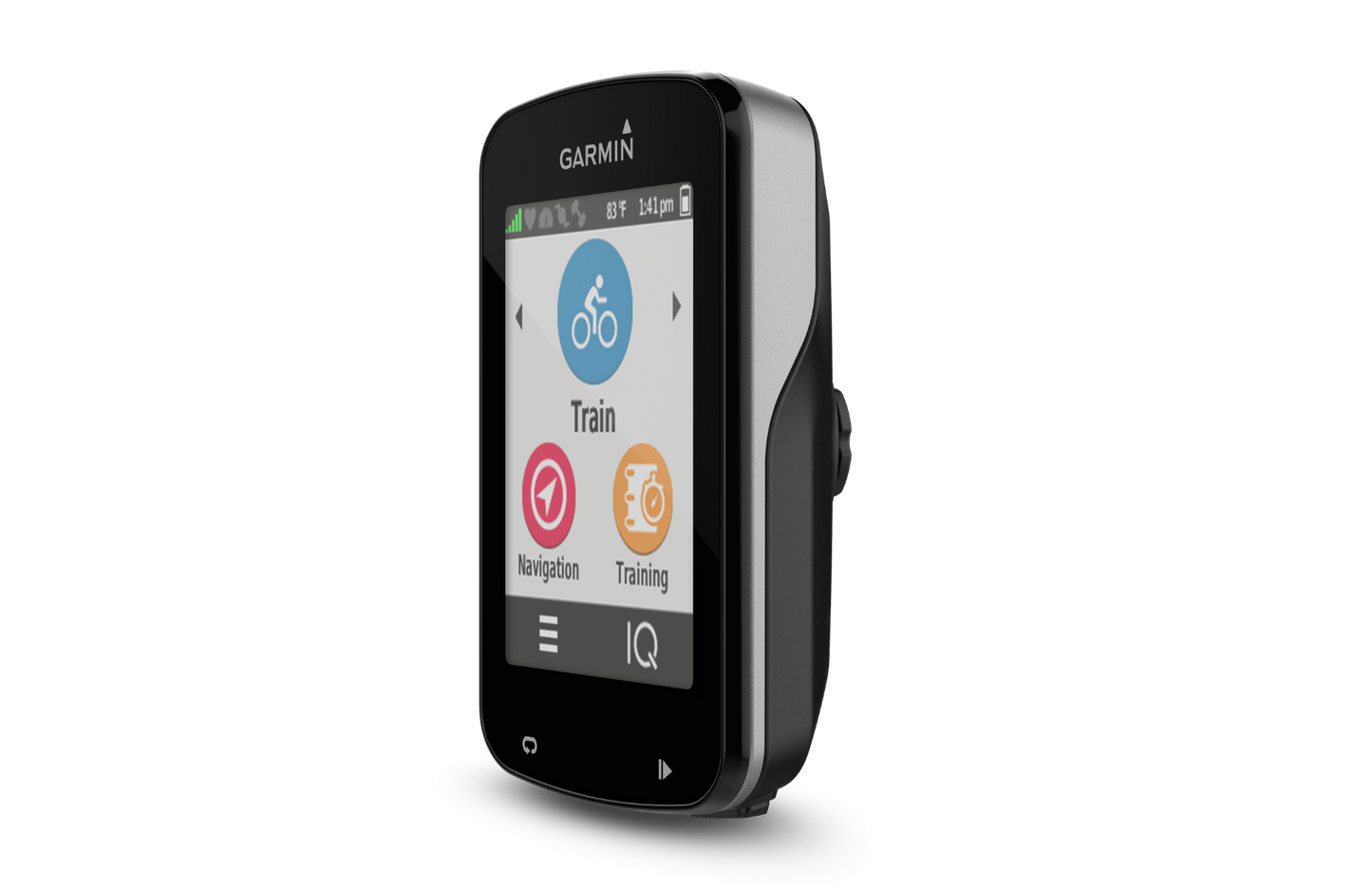 Garmin Edge 820 bicycle computer in black with silver side panel, front view.